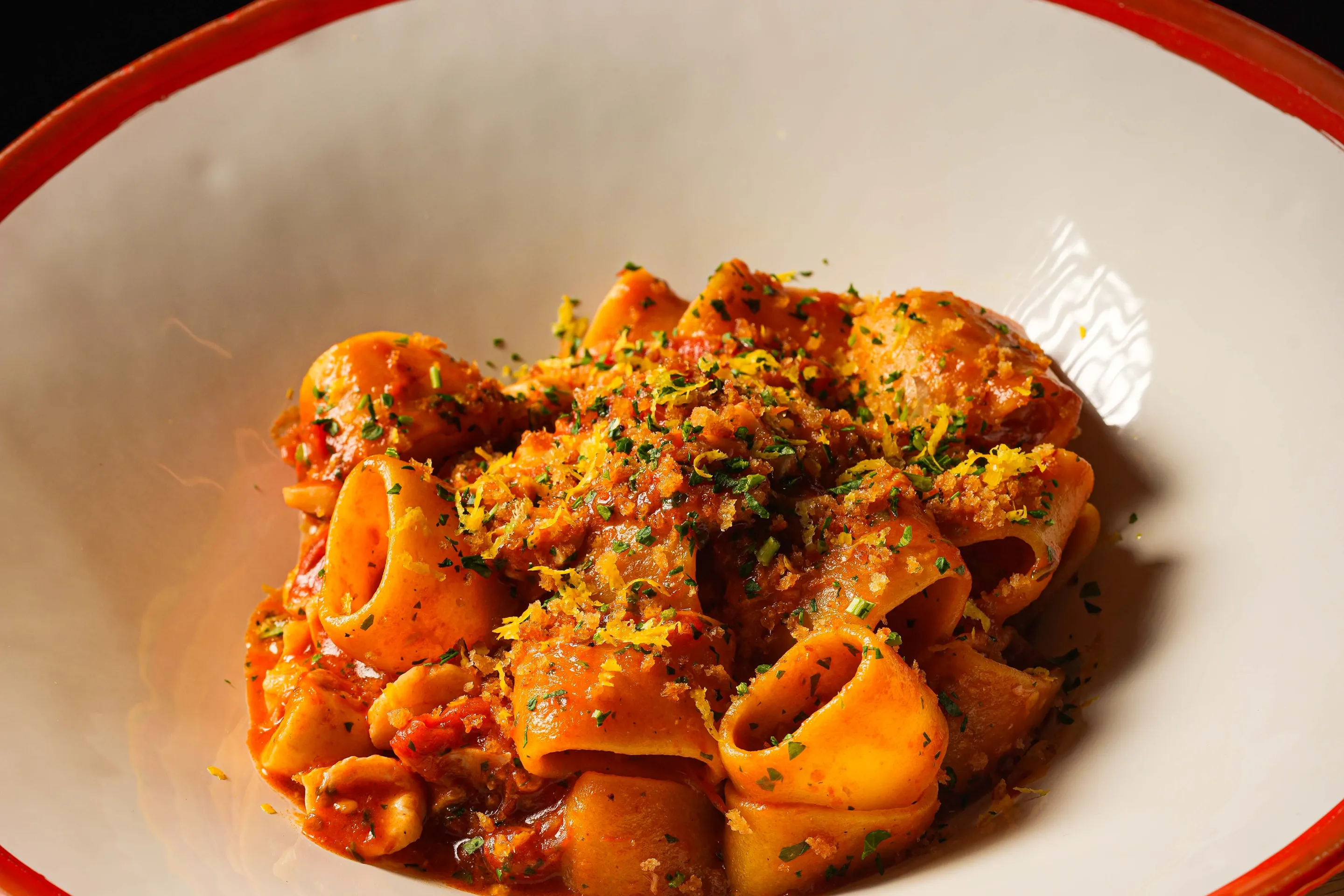 Otto & Pepe signature dishes Truffle Negroni 10 ONZ, Calamarata with Prawns and Zucchine, Doppio Pomodoro.